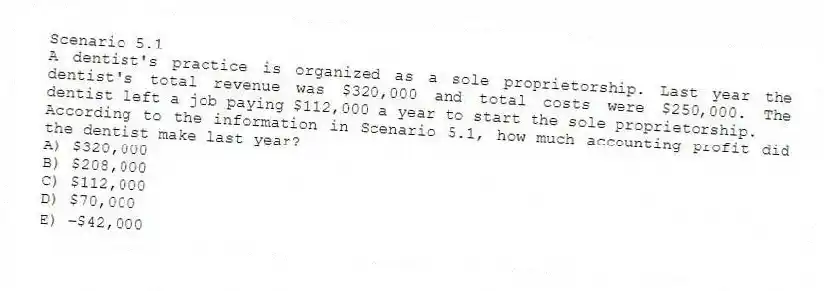 Scenario 5.1
A dentist's practice is organized as a sole proprietorship. Last year the dentist's total revenue was $320,000 and total costs were $250,000. The dentist left a job paying $112,000 a year to start the sole proprietorship.
-According to the information in Scenario 5.1, how much accounting profit did the dentist make last year?
A) $320,000
B) $208,000
C) $112,000
D) $70,000
E) -$42,000