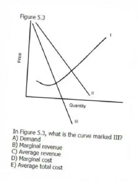 Figure 5.3
-In Figure 5.3, what is the curve marked III?
A) Demand
B) Marginal revenue
C) Average revenue
D) Marginal cost
E) Average total cost