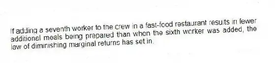If adding a seventh worker to the crew in a fast-food restaurant results in fewer additional meals being prepared than when the sixth worker was added, the law of diminishing marginal returns has set in.