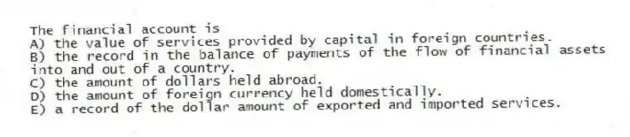 The financial account is
A) the value of services provided by capital in foreign countries.
B) the record in the balance of payments of the flow of financial assets into and out of a country.
C) the amount of dollars held abroad.
D) the amount of foreign currency held domestically.
E) a record of the dollar amount of exported and imported services.