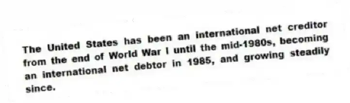 The United States has been an international net creditor from the end of World War I until the mid-1980s, becoming an international net debtor in 1985, and growing steadily since.