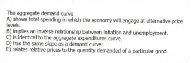 The aggregate demand curve
A) shows total spending in which the economy will engage at alternative price levels.
B) implies an inverse relationship between inflation and unemployment.
C) is identical to the aggregate expenditures curve.
D) has the same slope as a demand curve.
E) relates relative prices to the quantity demanded of a particular good.