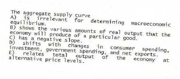 The aggregate supply curve
A) is irrelevant for determining macroeconomic equilibrium.
B) shows the various amounts of real output that the economy will produce of a particular good.
C) has a negative slope.
D) shifts with changes in consumer spending, investment, government spending, and net exports.
E) relates total output of the economy at alternative price levels.