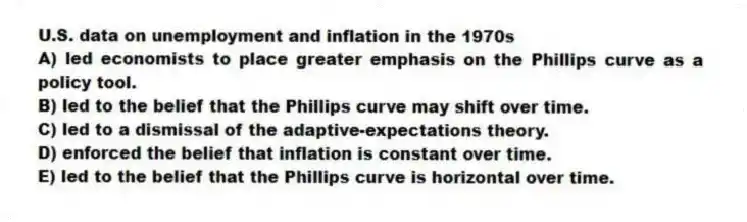 U.S. data on unemployment and inflation in the 1970s
A) led economists to place greater emphasis on the Phillips curve as a policy tool.
B) led to the belief that the Phillips curve may shift over time.
C) led to a dismissal of the adaptive-expectations theory.
D) enforced the belief that inflation is constant over time.
E) led to the belief that the Phillips curve is horizontal over time.