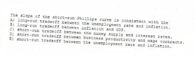 The slope of the short-run Phillips curve is consistent with the
A) long-run tradeoff between the unemployment rate and inflation.
B) long-run tradeoff between inflation and GDP.
C) short-run tradeoff between the money supply and interest rates.
D) short-run tradeoff between business productivity and wage contracts.
E) short-run tradeoff between the unemployment rate and inflation.