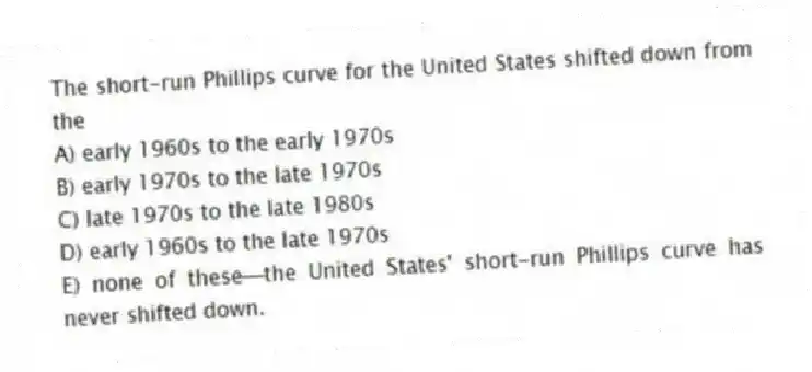 The short-run Phillips curve for the United States shifted down from the
A) early 1960s to the early 1970s
B) early 1970s to the late 1970s
C) late 1970s to the late 1980s
D) early 1960s to the late 1970s
E) none of these-the United States' short-run Phillips curve has never shifted down.