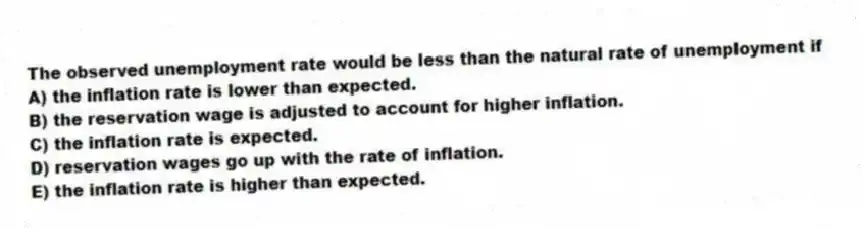 The observed unemployment rate would be less than the natural rate of unemployment if
A) the inflation rate is lower than expected.
B) the reservation wage is adjusted to account for higher inflation.
C) the inflation rate is expected.
D) reservation wages go up with the rate of inflation.
E) the inflation rate is higher than expected.