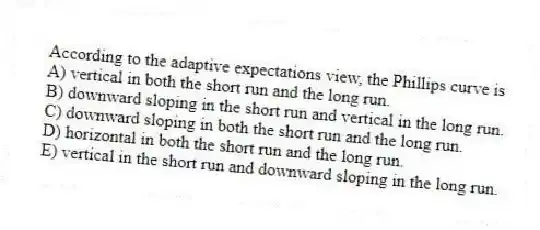 According to the adaptive expectations view, the Phillips curve is
A) vertical in both the short run and the long run.
B) downward sloping in the short run and vertical in the long run.
C) downward sloping in both the short run and the long run.
D) horizontal in both the short run and the long run.
E) vertical in the short run and downward sloping in the long run.