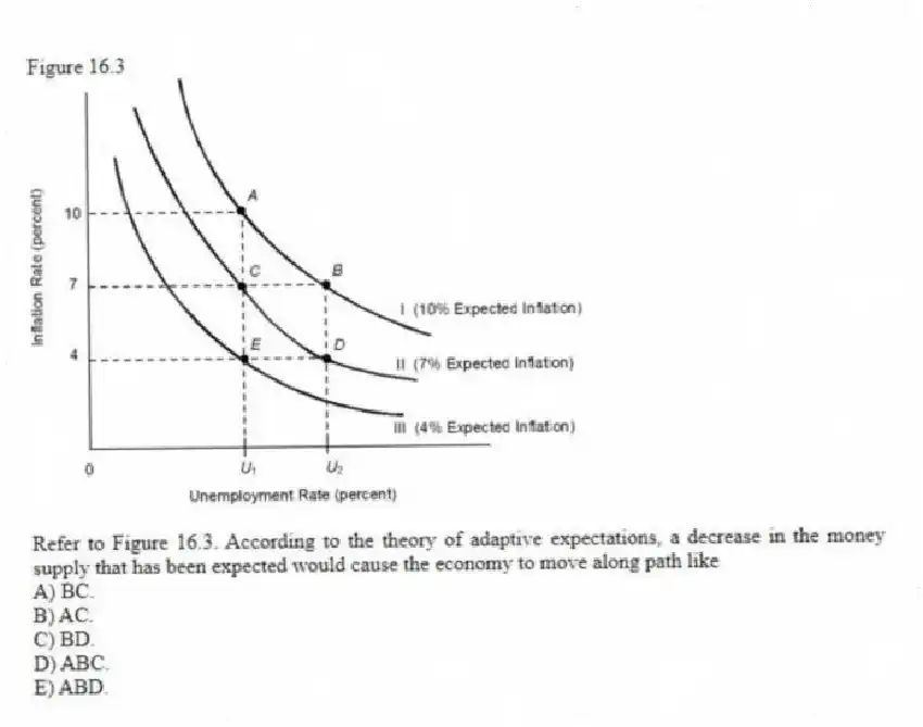 Figure 16.3
-Refer to Figure 16.3. According to the theory of adaptive expectations, a decrease in the money supply that has been expected would cause the economy to move along path like
A) BC.
B) AC.
C) BD.
D) ABC.
E) ABD.
