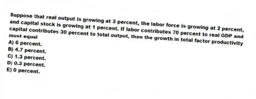 Suppose that real output is growing at 3 percent, the labor force is growing at 2 percent, and capital stock is growing at 1 percent. If labor contributes 70 percent to real GDP and capital contributes 30 percent to total output, then the growth in total factor productivity must equal
A) 6 percent.
B) 4.7 percent.
C) 1.3 percent.
D) 0.3 percent.
E) 0 percent.