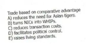 Trade based on comparative advantage
A) reduces the need for Asian tigers.
B) turns NICs into WHIPs.
C) reduces transaction costs.
D) facilitates political control.
E) raises living standards.