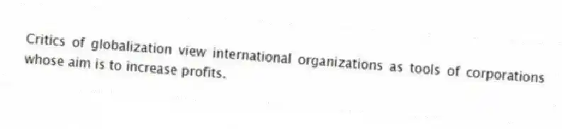 Critics of globalization view international organizations as tools of corporations whose aim is to increase profits.