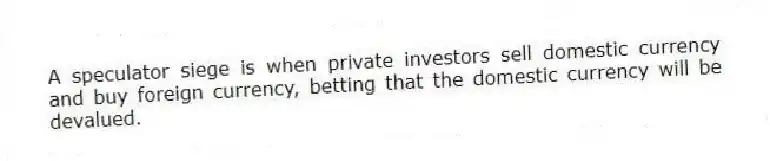 A speculator siege is when private investors sell domestic currency and buy foreign currency, betting that the domestic currency will be devalued.