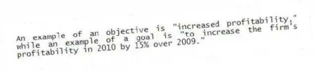 An example of an objective is "increased profitability," while an example of a goal is "to increase the firm's profitability in 2010 by 15% over 2009."