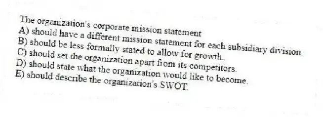 The organization's corporate mission statement
A) should have a different mission statement for each subsidiary division.
B) should be less formally stated to allow for growth.
C) should set the organization apart from its competitors.
D) should state what the organization would like to become.
E) should describe the organization's SWOT.