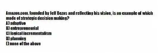 Amazon.com, founded by Jeff Bezos and reflecting his vision, is an example of which mode of strategic decision making?
A) adaptive
B) entrepreneurial
C) logical incrementalism
D) planning
E) none of the above