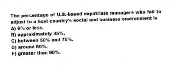 The percentage of U.S.-based expatriate managers who fail to adjust to a host country's social and business environment is
A) 6% or less.
B) approximately 35%.
C) between 50% and 75%.
D) around 80%.
E) greater than 90%.