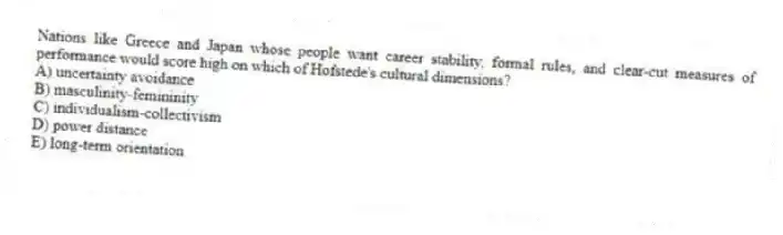 Nations like Greece and Japan whose people want career stability, formal rules, and clear-cut measures of performance would score high on which of Hofstede's cultural dimensions?
A) uncertainty avoidance
B) masculinity-femininity
C) individualism-collectivism
D) power distance
E) long-term orientation