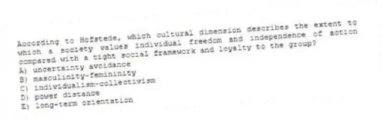 According to Hofstede, which cultural dimension describes the extent to which a society values individual freedom and independence of action compared with a tight social framework and loyalty to the group?
A) uncertainty avoidance
B) masculinity-femininity
C) individualism-collectivism
D) power distance
E) long-term orientation
