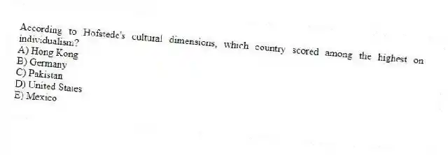 According to Hofstede's cultural dimensions, which country scored among the highest on individualism?
A) Hong Kong
B) Germany
C) Pakistan
D) United States
E) Mexico
