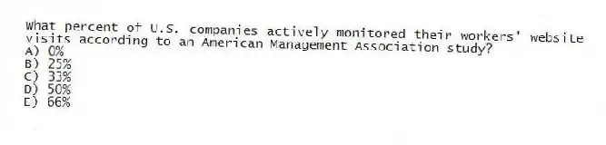 What percent of U.S. companies actively monitored their workers' website visits according to an American Management Association study?
A) 0%
B) 25%
C) 33%
D) 50%
E) 66%