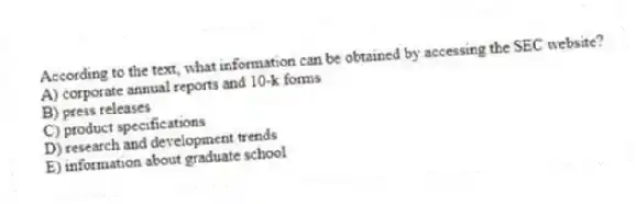 According to the text, what information can be obtained by accessing the SEC website?
A) corporate annual reports and 10-k forms
B) press releases
C) product specifications
D) research and development trends
E) information about graduate school
