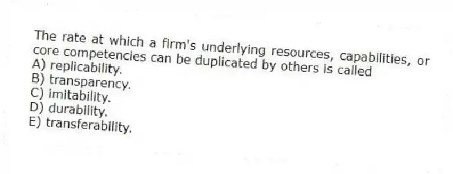The rate at which a firm's underlying resources, capabilities, or core competencies can be duplicated by others is called
A) replicability.
B) transparency.
C) imitability.
D) durability.
E) transferability.