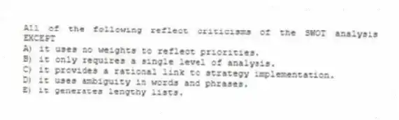 All of the following reflect criticisms of the SWOT analysis EXCEPT
A) it uses no weights to reflect priorities.
B) it only requires a single level of analysis.
C) it provides a rational link to strategy implementation.
D) it uses ambiguity in words and phrases.
E) it generates lengthy lists.