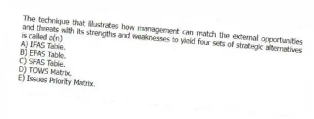 The technique that illustrates how management can match the external opportunities and threats with its strengths and weaknesses to yield four sets of strategic alternatives is called a(n)
A) IFAS Table.
B) EFAS Table.
C) SFAS Table.
D) TOWS Matrix.
E) Issues Priority Matrix.