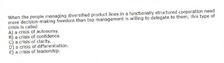 When the people managing diversified product lines in a functionally structured corporation need more decision-making freedom than top management is willing to delegate to them, this type of crisis is called
A) a crisis of autonomy.
B) a crisis of confidence.
C) a crisis of clarity.
D) a crisis of differentiation.
E) a crisis of leadership.