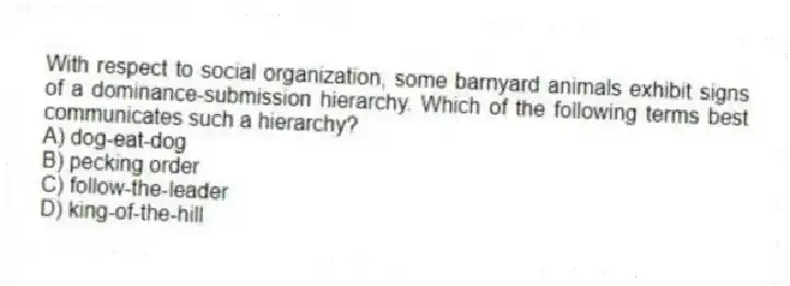 With respect to social organization, some barnyard animals exhibit signs of a dominance-submission hierarchy. Which of the following terms best communicates such a hierarchy?
A) dog-eat-dog
B) pecking order
C) follow-the-leader
D) king-of-the-hill