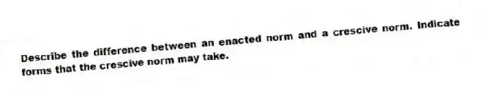 Describe the difference between an enacted norm and a crescive norm. Indicate forms that the crescive norm may take.