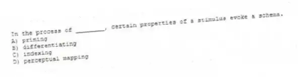In the process of ________, certain properties of a stimulus evoke a schema.
A) priming
B) differentiating
C) indexing
D) perceptual mapping