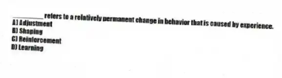________ refers to a relatively permanent change in behavior that is caused by experience.
A) Adjustment
B) Shaping
C) Reinforcement
D) Learning