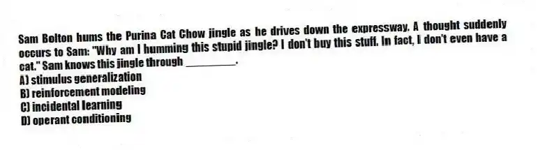 Sam Bolton hums the Purina Cat Chow jingle as he drives down the expressway. A thought suddenly occurs to Sam: "Why am I humming this stupid jingle? I don't buy this stuff. In fact, I don't even have a cat." Sam knows this jingle through ________.
A) stimulus generalization
B) reinforcement modeling
C) incidental learning
D) operant conditioning