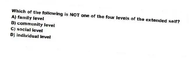 Which of the following is NOT one of the four levels of the extended self?
A) family level
B) community level
C) social level
D) individual level