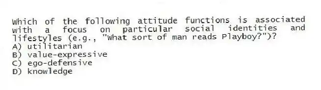 Which of the following attitude functions is associated with a focus on particular social identities and lifestyles (e.g., "What sort of man reads Playboy?")?
A) utilitarian
B) value-expressive
C) ego-defensive
D) knowledge