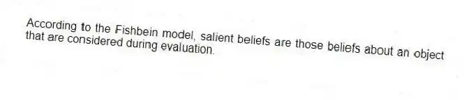 According to the Fishbein model, salient beliefs are those beliefs about an object that are considered during evaluation.