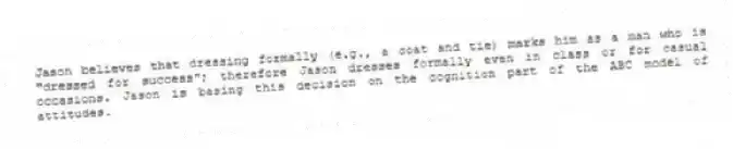 Jason believes that dressing formally (e.g., a coat and tie) marks him as a man who is "dressed for success"; therefore Jason dresses formally even in class or for casual occasions. Jason is basing this decision on the cognition part of the ABC model of attitudes.