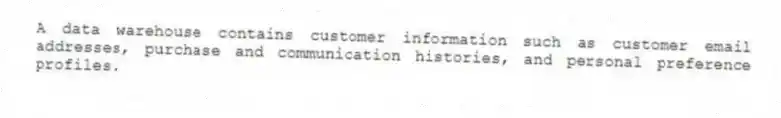 A data warehouse contains customer information such as customer email addresses, purchase and communication histories, and personal preference profiles.
