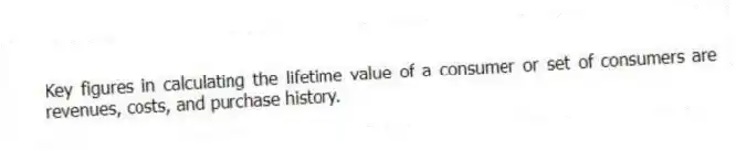 Key figures in calculating the lifetime value of a consumer or set of consumers are revenues, costs, and purchase history.
