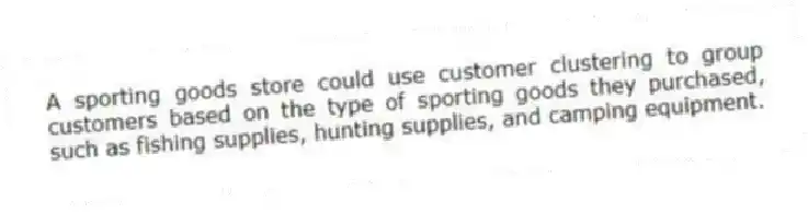 A sporting goods store could use customer clustering to group customers based on the type of sporting goods they purchased, such as fishing supplies, hunting supplies, and camping equipment.