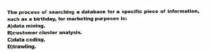 The process of searching a database for a specific piece of information, such as a birthday, for marketing purposes is:
A)data mining.
B)customer cluster analysis.
C)data coding.
D)trawling.