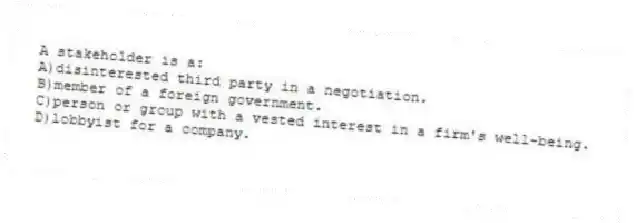 A stakeholder is a:
A)disinterested third party in a negotiation.
B)member of a foreign government.
C)person or group with a vested interest in a firm's well-being.
D)lobbyist for a company.