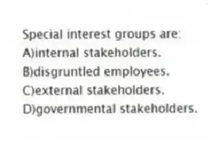 Special interest groups are:
A)internal stakeholders.
B)disgruntled employees.
C)external stakeholders.
D)governmental stakeholders.