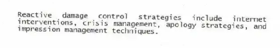 Reactive damage control strategies include internet interventions, crisis management, apology strategies, and impression management techniques.