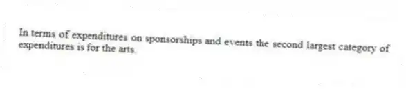 In terms of expenditures on sponsorships and events the second largest category of expenditures is for the arts.