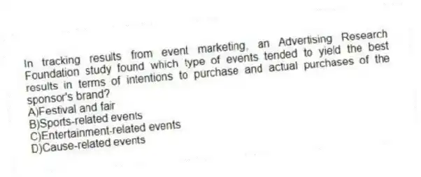 In tracking results from event marketing, an Advertising Research Foundation study found which type of events tended to yield the best results in terms of intentions to purchase and actual purchases of the sponsor's brand?
A)Festival and fair
B)Sports-related events
C)Entertainment-related events
D)Cause-related events