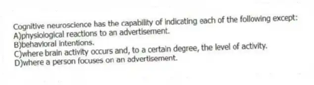 Cognitive neuroscience has the capability of indicating each of the following except:
A)physiological reactions to an advertisement.
B)behavioral intentions.
C)where brain activity occurs and, to a certain degree, the level of activity.
D)where a person focuses on an advertisement.