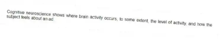 Cognitive neuroscience shows where brain activity occurs, to some extent, the level of activity, and how the subject feels about an ad.